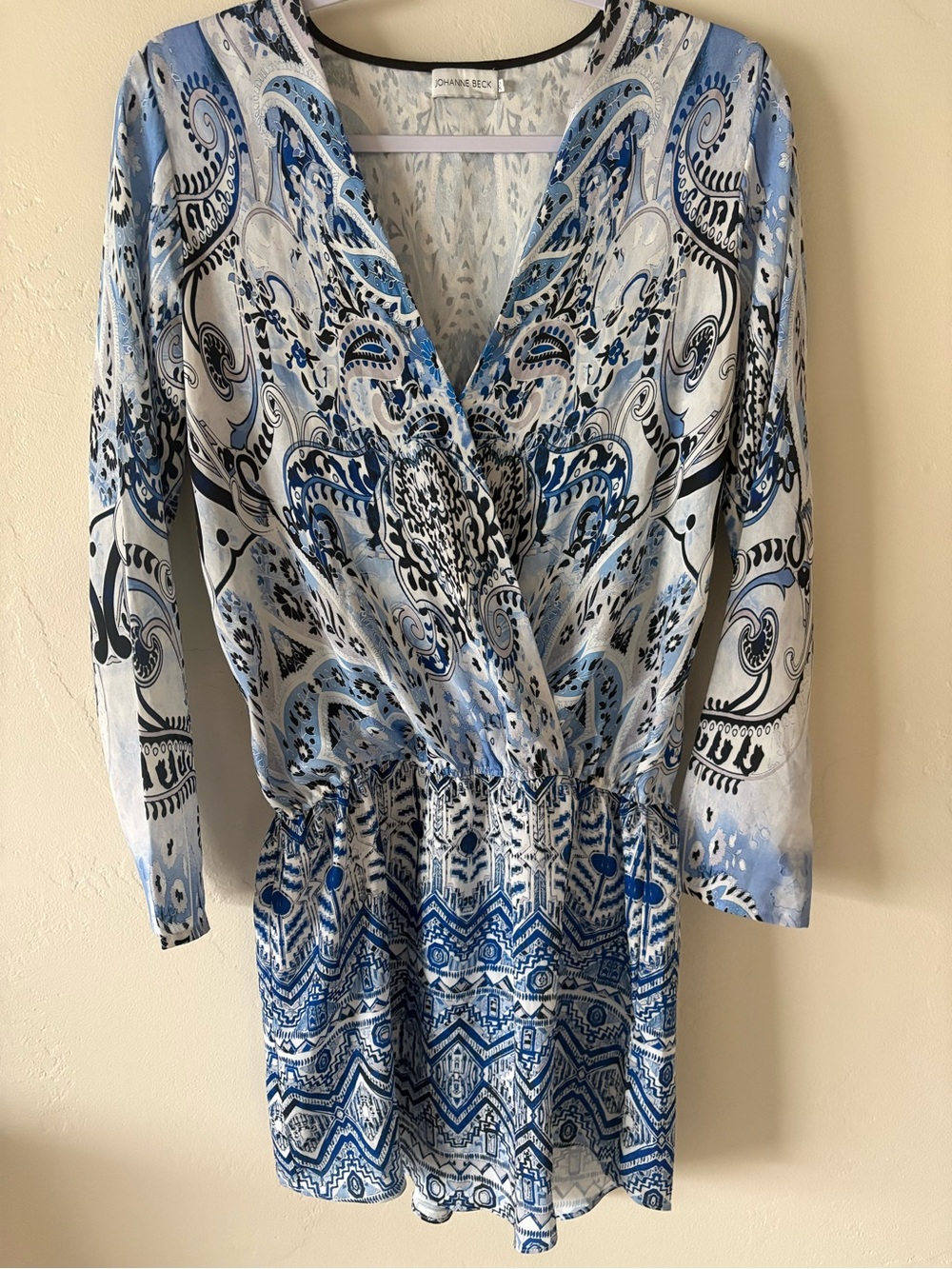 Johanne Beck Olivia Wrap Front Dress blue white delft paisley Euro Summer XS